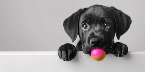 a small black golden retriever puppy with a ball in its mouth looking at camera, isolated on white b