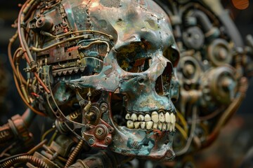 Poster - closeup image of a robotic skull with intricate wiring and metallic textures