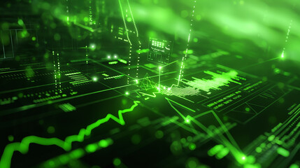 Fototapete - abstract green graphs, finance data visualisation, global business finances and digital interface concept