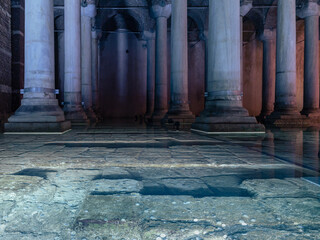 Basilica Cistern ancient Byzantine underground water reservoir with stone columns, Istanbul, Turkey