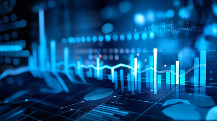 Fototapete - blue market graphs, finance data visualisation, global business finances and digital interface concept