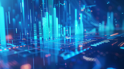 Fototapete - abstract blue background with 3d graphs, data visualisation, global business finances and digital interface concept