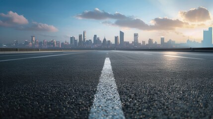 Asphalt Road leading towards City Skyline