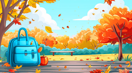 Wall Mural - blue backpack and pumpkin on a wooden surface under colorful autumn trees with falling leaves