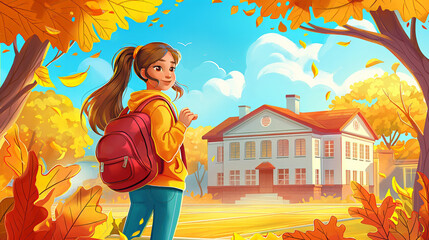 Canvas Print - young girl with a ponytail and a red backpack looking back at the school building, surrounded by col