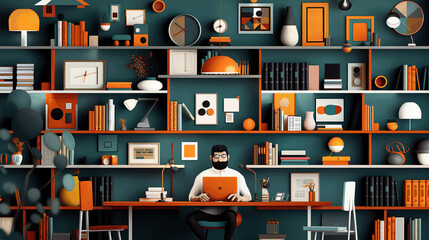 Wall Mural - Modern home office with person working on a laptop, surrounded by neatly arranged books, decorative objects, and shelves in teal and orange colors.