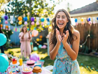 Woman celebrating at an outdoor party with decorations