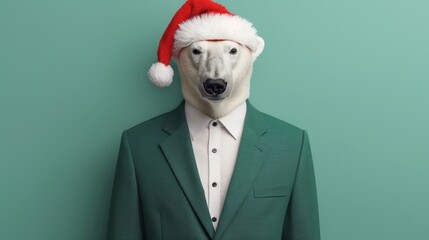 A playful polar bear wearing a Santa hat and a stylish suit against a teal background, perfect for holiday-themed designs.