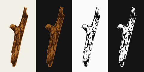 Dry thick wooden stick on a white, dark background. Tree branch without leaves. Image tracing, cleaned and simplified illustration. Realistic style. Not AI.