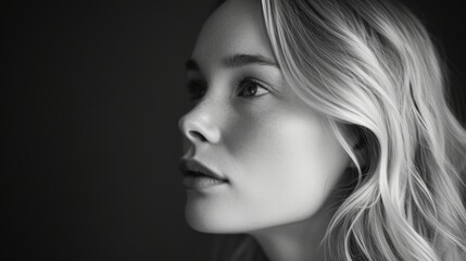 Black and white portrait of a young woman smiling in a studio