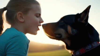 A little girl of 9 years old sneezes in nature while walking with her black dog