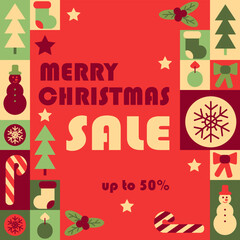 Wall Mural - Merry Christmas sale abstract square banner in geometric style. Festive and celebrating elements in simple geometric shapes, vector flat style. Good for advertisement and trading