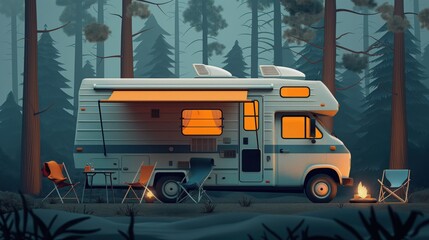 Sticker - Illustration of a camper van parked in a forest with camping chairs, a small table, and a campfire.