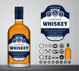 Wall Mural - Vector whiskey label design. Whiskey glass bottle mockup. Distilling business design elements