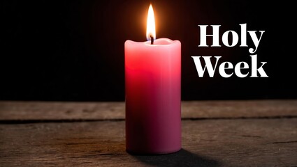 a lit pink candle and the text holy week written in wh background