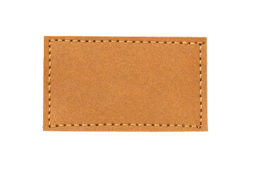 brown leather belt strap closeup isolated on white. brown stitched leather seam frame label tag isol