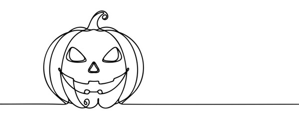 Continuous one line drawing Halloween pumpkin Jack o Lantern. Vector illustration Halloween concept line art, outline silhouette.