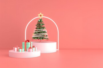 Product display with gift boxes and decorate christmas tree on pink background. Merry Christmas and Happy New Year. Stage for product sale advertising. Template with copy space for banner, poster