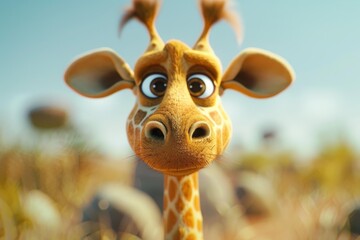 Sticker - Cheerful and playful animated giraffe portrait in a vibrant and whimsical safari setting. Featuring a cute and friendly cartoon character with big eyes and a charming smile