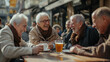 © Volha - Photorealistic, group of elderly friends laughing, outdoor café in the city in sunny day, joyful and lively atmosphere, International Day for the Elderly