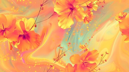 Wall Mural - A vibrant and colorful abstract background featuring delicate orange flowers set against a soft, swirling pastel backdrop, ideal for creative projects and designs. 