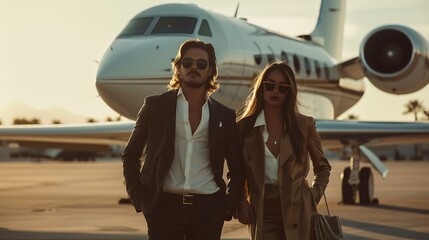 A stylish couple stands confidently in front of a private jet during sunset, embodying luxury and sophistication. Old money aesthetic.