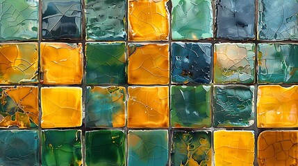 A vibrant and textured mosaic of colorful tiles featuring shades of green, blue, and yellow. 