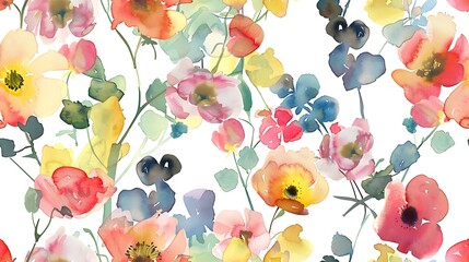 Wall Mural - A vibrant watercolor floral pattern featuring a variety of colorful blossoms against a white background. 