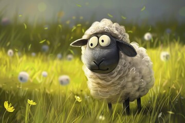 Sticker - Illustration of a cute, whimsical sheep in a magical, sunlit field with flowers