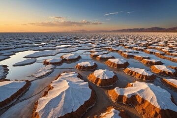 Crusty earth and salt formations at sunset