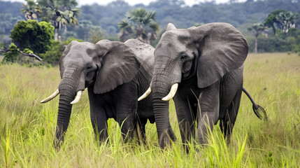 Two elephants walking through the grassy savanna under a bright blue sky, in raw style.