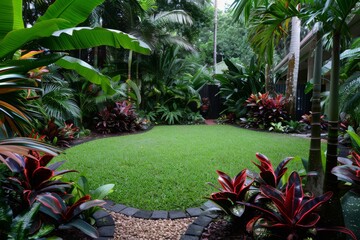 tropical garden with lush greenery and a variety of plants, captured in bright daylight, showcasing 