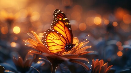 Radiant butterfly on a bright flower, golden light, misty leaves, tech and nature's bond