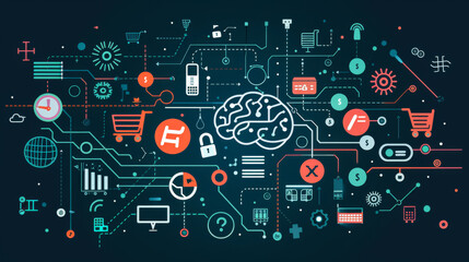Fototapete - Computer screen with brain and shopping carts. Abstract background. Technology concept.