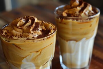 Poster - Closeup image of two glasses of layered dalgona coffee topped with whipped cream