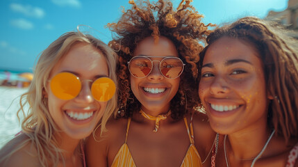 A group of young friends are having fun outdoors in a low angle view of diverse people laughing and dancing against a blue sky background