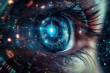 Poster - Closeup of a human eye enhanced with digital elements symbolizing advanced technology
