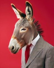 Poster - A donkey wearing a suit and tie with red background. AI.