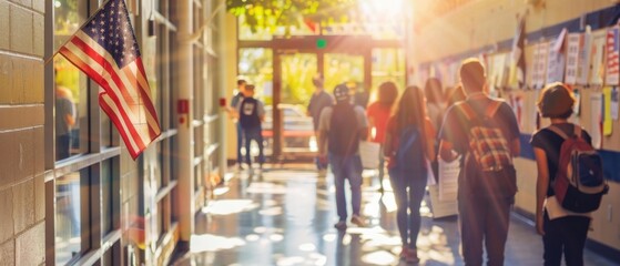 Poster - A group of people walking down a hallway in school. AI.