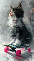 Canvas Print - A painting of a cat riding on top of a skateboard. AI.