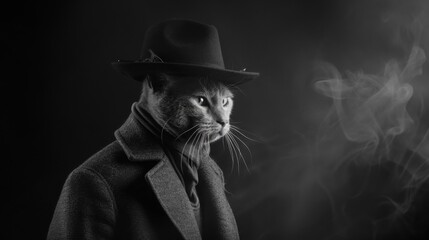 Sticker - A noir cat wearing a hat and smoking in the background. AI.