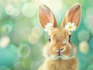 Canvas Print - Cute bunny with flowers on its ears. AI.