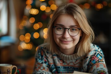 Wall Mural - Portrait of a young woman smiling. AI.