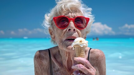 Poster - An elderly woman wearing red sunglasses eats an ice cream cone on a sunny day at the beach. AI.