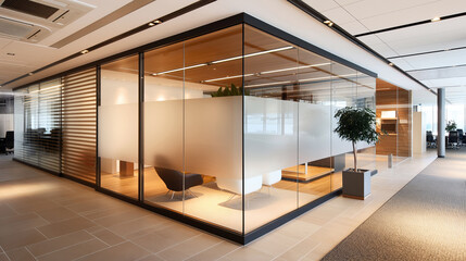 Poster - Modern office interior with a glass-walled meeting room featuring frosted glass partitions and contemporary furniture. Wooden elements and potted plants enhance the design.