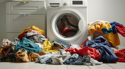 Pile of laundry in front of a washing machine in the laundry room.