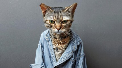 Canvas Print - A cat wearing a denim shirt. AI.