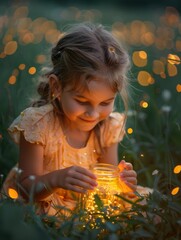 Sticker - A young girl looks at a jar filled with twinkling lights. AI.