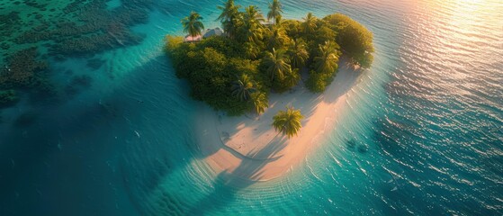 Wall Mural - A small island with palm trees and a sandy beach. AI.