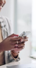 Fototapete - Black woman, laughing and scroll with cellphone in office for communication, social media and funny meme, Happy, female person and mobile for reading comic joke, video and streaming news on website